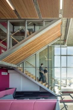 Nail-laminated timber in the stair detail of Orchard Commons, in Vancouver, British Columbia, designed by Perkins+Will
