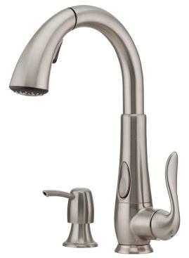 Pfister. Claiming it to be an industry first, the manufacturer says the Elevate EXT pull-down faucet adjusts any time to accommodate large pots or to reduce splashing with three height settings from 8 to 11 inches. The spout swivels full circle, and an extra-long hose extends 70 inches. The sprayhead has two functions: spray and stream. Available in stainless steel, the faucet comes in one-, two-, three-, or four-hole configurations, with or without a deckplate. 800.732.8238. www.pfisterfaucets.com/elevate.
