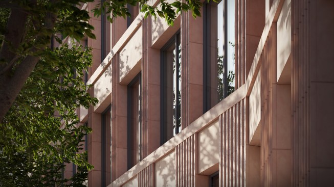 The angled facade of Frida Escobedo's condominium project in New York City is made of custom handmade blocks that vary in size and degrees of opacity.
