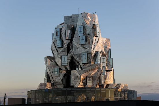 Above/Below: Closer views of the Gehry-designed tower.