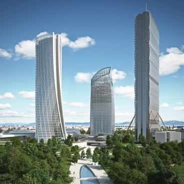 A rendering of the three office towers designed by (from left to right) Zaha Hadid Architects, Studio Daniel Libeskind, and Arata Isozaki & Associates. The Isozaki tower is nearly topped out.