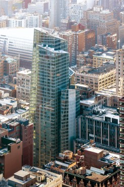 View of tower from north, with Kohn Pedersen Fox's metal-clad Baruch College Academic Center at rear left