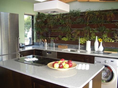 A "Life Well" wall in the kitchen contributes to a natural feel, fills the room with the aroma of herbs, and provides seasoning for cooking. Countertops are made with IceStone, a 100% recycled-glass-and-cement material. Also shown are an Energy Star-rated LG all-in-one washer/dryer, an Electrolux induction cooktop, and an Energy Star-rated Liebherr refrigerator. A clerestory window and skylight bring in light from above.