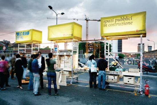 Designers salvaged cardboard tubes, wood scraps, crates, and pallets to populate the "Discover Human Cities" installation by Esterni with improvised rocking horses and chairs, chaise lounges, a café, and vista points that turned surrounding construction sites from annoyances into good views. 
esterni.org