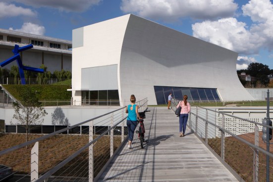 Most of the glazing in The Reach is achieved with regular insulated glass units. But slumped glass was the only way to achieve the glazing on the double curve of the south wall of the Skylight Pavilion, where the geometry changes so radically that each of the nine panes has a different curve and length.