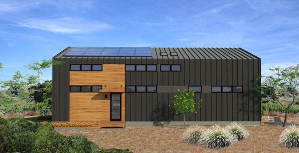 Roofing wraps down the side of the Ridge house to form a protective shell while also shading front and rear outdoor spaces and furthering a visual connection to the ground and surrounding landscape.