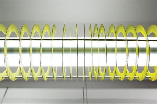 A rendered view shows the custom fixture in detail with its circular baffles and dimmable 3-lamp T8 fluorescent lighting system.