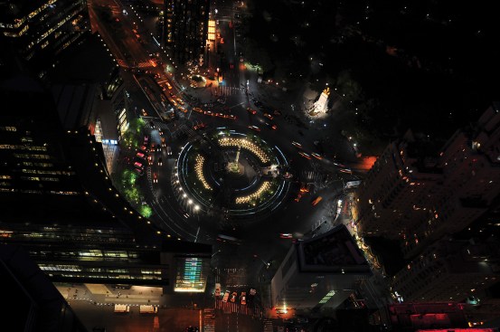 The urban nightscape as illustrated by an aerial view of Columbus Circle in New York City.