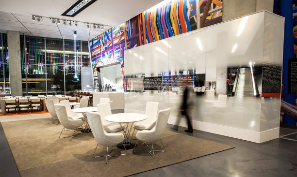 The renovated lobby, with local artist Matt Kotlarczyk's chandelier 