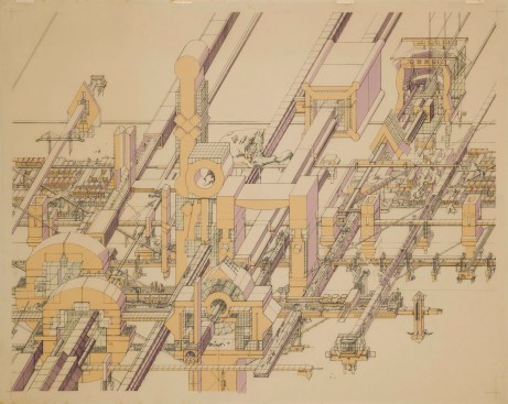 Rossant, James. City in the Sky, Overlayed, 1986, ink on drafting vellum with serigraph underlay.