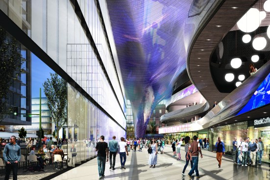 In the Inverted Bowl, the expansive concourses would offer opportunities for socializing, retail, and dining.