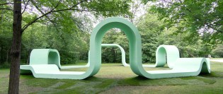 Sports’ mint-green, plywood-and-rubberized-stucco “Rounds,” on the grounds of the Ragdale Foundation, serves as everything from performance space to seating.