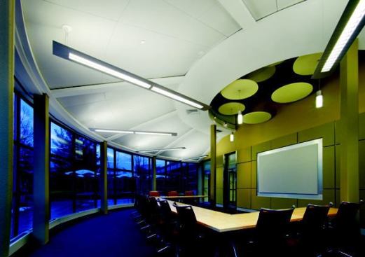 Product: METALWORKS™ Radial Custom Ceiling, SOUNDSCAPES® Shapes Acoustical Clouds, and Custom SOUNDSOAK® Walls 
  
Project: Pharmaceutical Research Institute, Andover, MA 
  
Architect: MoharDesign LLC, Somerville, MA