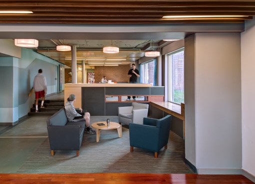 The remodeled common study spaces in Benson Hall encourage communication and circulation.