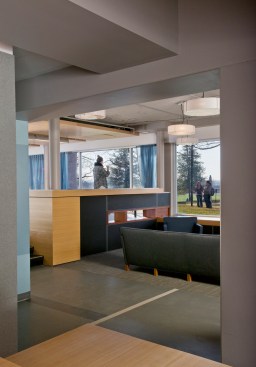 Open, multilevel study spaces in Benson Hall replace what were previously enclosed-feeling spaces with concrete walls and few windows.