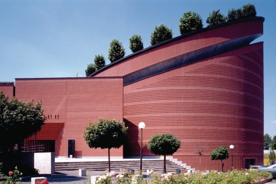 Mario Botta's Cathedral of the Resurrection, completed in 1995 in Évry, France.