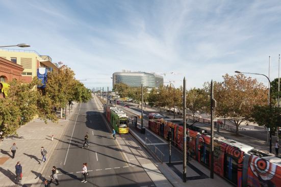 SAHMRI sits in a developing area of town, near a new convention center, hospital, and rail line. 