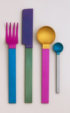 Anodized aluminum picnic flatware place setting, designed by David Tisdale, 1986.