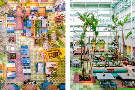 The firm incorporated custom millwork, a vibrant color palette, and 15-foot-tall palm trees into its design of this whimsical, 4,500-square-foot café-and-event space in Guatemala City.