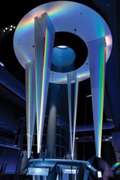 The heliostat in the Sunlight Exhibit uses natural or electric light depending on weather conditions and time of day. Here we see the exhibit using natural light to create amazing color range with prisms.