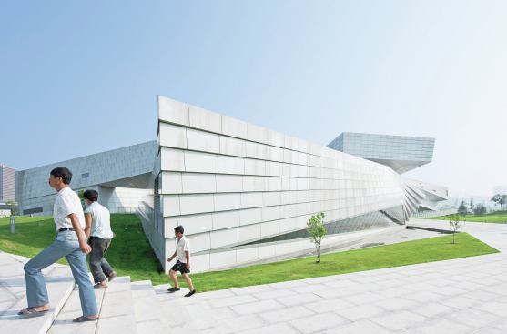 A series of promenades leads visitors around the angular structure, and to an open-air courtyard. 