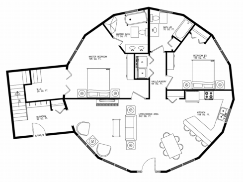 Monterey A floor plan with stairs: 2 bedroom / 2 bath, 1,357 sq. ft. 