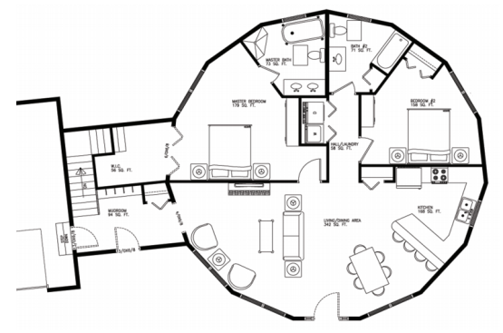 Monterey B floor plan with stairs: 2 bedroom / 2 bath, 1,357 heated sq. ft., package includes garage