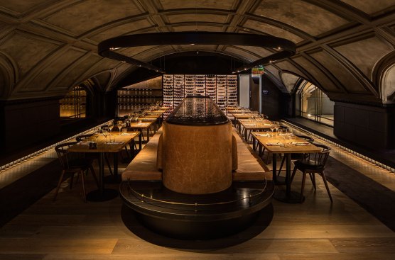 The mezzanine-level private dining room, called “The Distillery.”