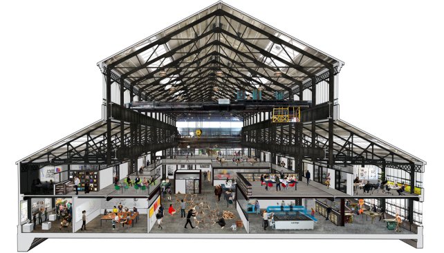 A rendered section of the New Lab showcases the range of workspaces within the historical structure.