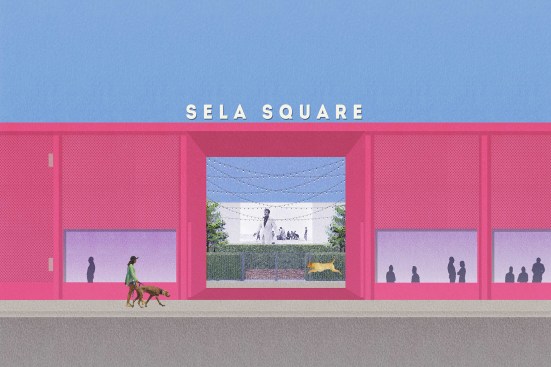 In this dog park proposal for the Little River neighborhood north of Miami’s Design District, a pink metal structure mimics the traditional dogtrot house, with a large, covered entry that leads into an expansive interior space. Amenities, including a café, bathrooms, seating, and landscaping, surround the central interior park.