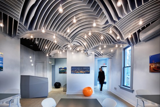 Completed in summer 2017, the ceiling of Senyai, a 340-square-foot restaurant in Pittsburgh, comprises 275 vertical slats to create acoustic pockets. The visual effect is also an homage to the restaurant’s name, which means “big noodles.”