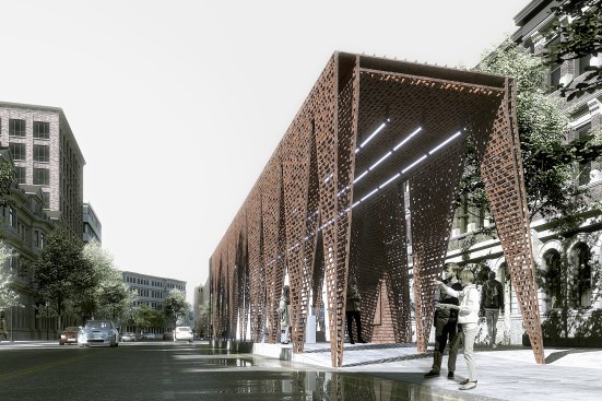 The Serriframe walkway canopy proposal uses laser-cut weathered steel to replicate the form of bricks with mortar joints.