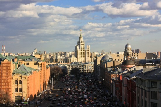 Moscow skyscraper and traffic jam