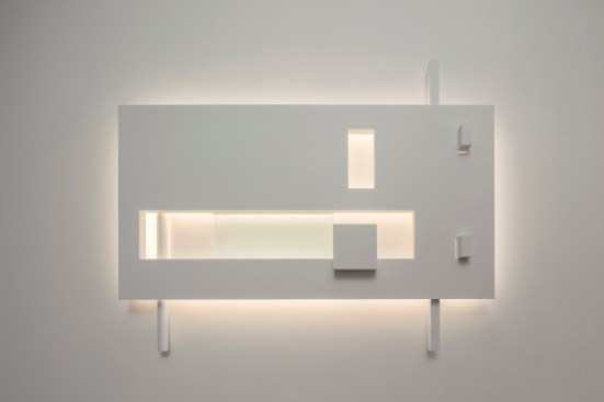 The Barcelona I sconce (above) measures 36" by 28" by 4" and features a Corian Glacier White finish. The luminaire is available in 2200K, 2500K, 2700K, and 3500K with a CRI of 80 or 90 depending on color temperature selection, uses 30W, and provides 960 lumens.