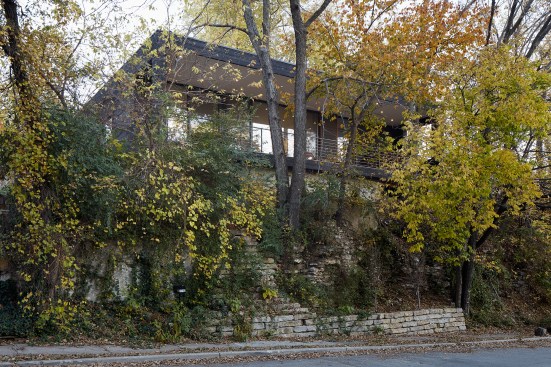 View of cantilevered front porch from west