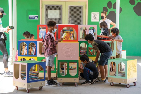 As part of the Wide Rainbow project, Shin Shin created 18 modular libraries with brightly painted panels that “maximize personal expression and a sense of playfulness with every configuration,” the firm says.