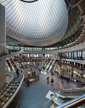 Sky Reflector-Net at Fulton Transit Center, New York, (2004–14)A soaring sense of space and endless light fills the main atrium, lifting one's eye up to the sky.