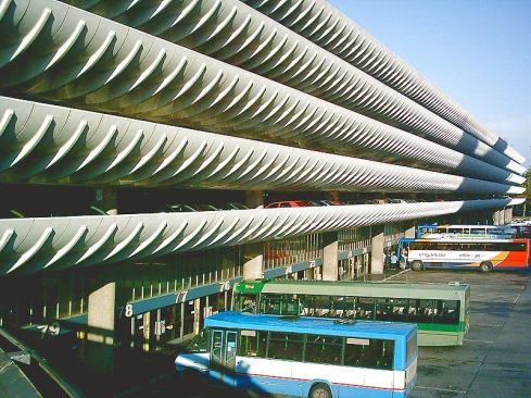 This bus station in Preston, England, is one of three British Brutalist landmarks on the 2012 World Monuments Watch list, along with the Birmingham Central Library and London’s South Bank Centre. Engineered by Ove Arup and Partners, the station features distinct curving balconies that are, according to Arup, gentler on cars’ bumpers. Twice denied a listing by the Historic Building and Monuments Commission for England, the bus station now faces demolition. In 2005, the Preston City Council and a development group owned by the Duke of Westminster signed an agreement calling for the leveling of the structure.