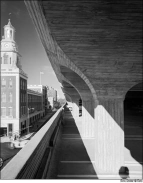 Paul Rudolph  Photographer: Ezra Stoller © Esto  In an interview with John Wesley Cook, Rudolph said of his Temple Street garage: “The one in New Haven comes from the design of throughways. Most parking garages are merely skeletal structures which didn't get any walls. They are just office building structures with the glass left out. I wanted to make a building which said it dealt with cars and movement. I wanted there to be no doubt that this is a parking garage.”