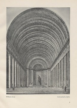 Drawing of the interior of Soldatenhalle (Soldiers’ Hall) by Wilhelm Kreis, featuring Victor, c. 1938. The monumental Neoclassical building was intended by Hitler and Speer as a temple to Germany’s military glory and a centerpiece of the Nazi capital.