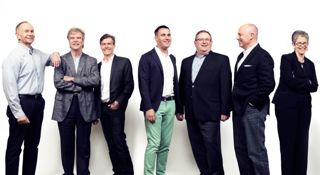 SOM partners from left to right: Anthony Vacchione, AIA; Keith Boswell, FAIA; Stephen Apking, FAIA; Scott Duncan, AIA; Mustafa K. Abadan, FAIA; T.J. Gottesdiener, FAIA; Laura Ettelman, AIA