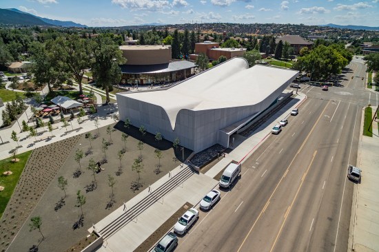  Aerial view from northeast, showing arts campus beyond