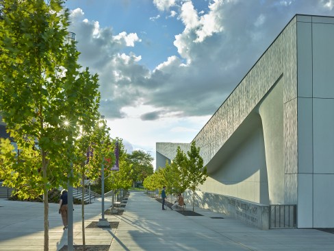 View from southeast, showing texture of precast concrete façade panels