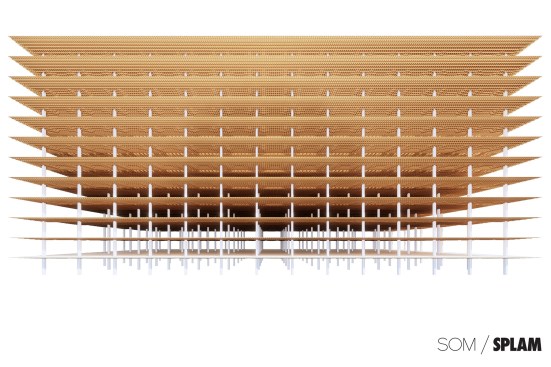 Using software models that plot the direct and shear forces across the structure, SOM determined where commodity lumber could be positioned for the greatest material efficiency.