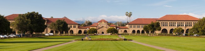 A view from the oval of the Main Quad at Stanford University; Olmsted designed the campus's master plan