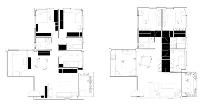 Rather than rely on part-to-whole storage products, the “Storage T” is an architectural device organizing the layout and contents of the apartment.