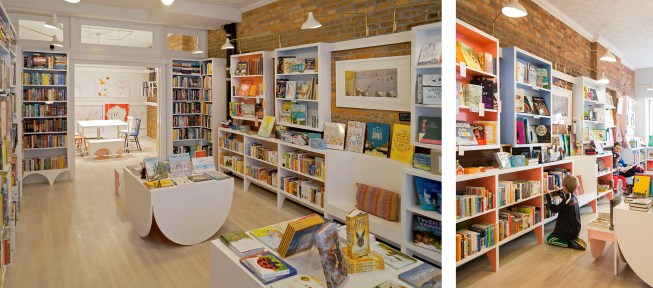 Seeking to evoke a classic one-room schoolhouse, the design for this Brooklyn, N.Y., bookstore includes arched and quarter-arched cutouts inspired by Shaker stepladders and hidden pops of color in the shelving.