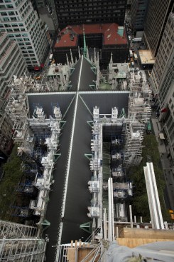 Aerial view of the roof scaffolding at the church