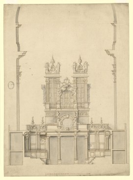 Elevation and section of choir stalls, drawn by Hawksmoor c.1693–94
