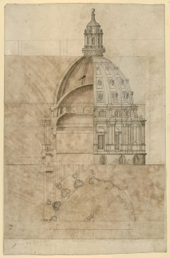Composite section, plan, and elevation of two versions of a 16-bay dome for St. Paul's, drawn by Hawksmoor c.1690